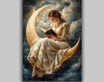 Victorian Lady Reading on Crescent Moon Art Print Fantasy Celestial Woman in Clouds Romantic Book Lover Illustration Dreamy Wall Decor u88