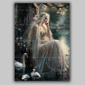 Swan Maiden Art Print, Caer Ibormeith Irish Legend, Pre-Raphaelite Woman with Swans, Ethereal Fairytale Wall Decor z67