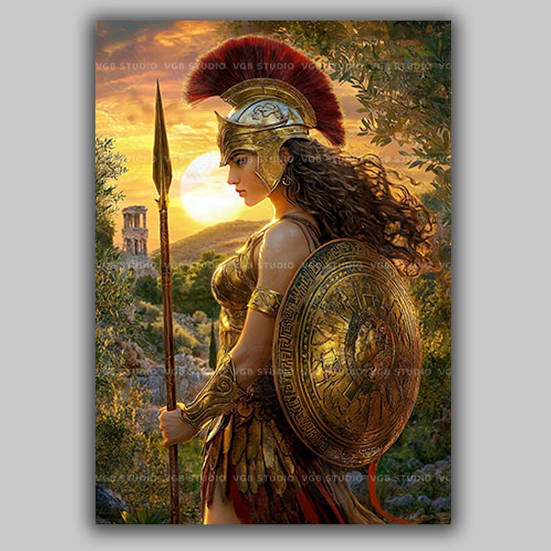 Athena Minerva Goddess Art Print Warrior Goddess Greek Mythology Wall Decor Golden Armor Shield Spear Wisdom Greek Decor Feminine Gift z21 image 1