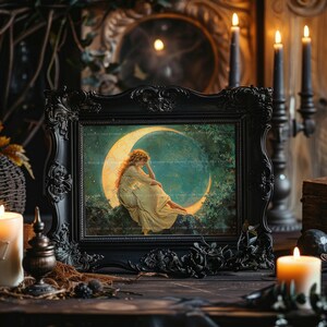 Woman on Crescent Moon Art Print | Celestial Fantasy Wall Decor | Stars Night Sky Dreamy Romantic Victorian Classical Ethereal Painting M75 image 7