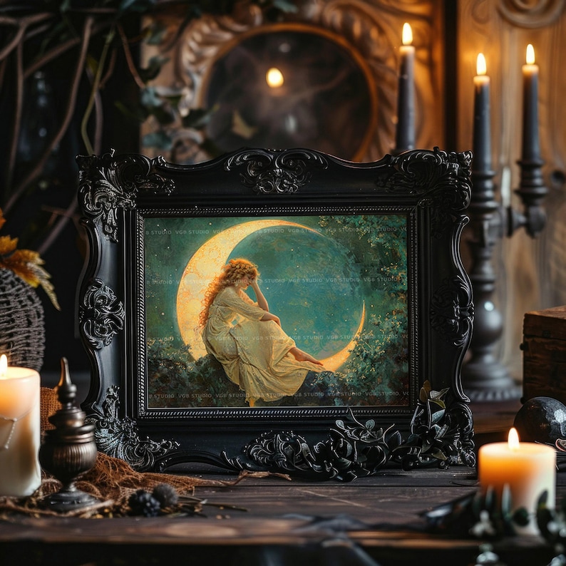 Woman on Crescent Moon Art Print | Celestial Fantasy Wall Decor | Stars Night Sky Dreamy Romantic Victorian Classical Ethereal Painting M75 image 7