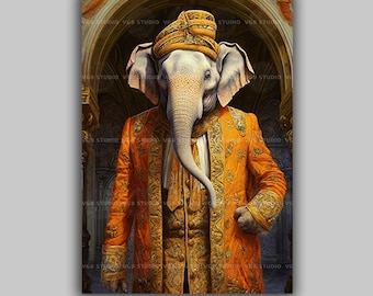 Royal Elephant Art Print, Ornate Brocade Portrait, Anthropomorphic Animal, Maximalist Baroque Palace Decor, Whimsical Fantasy J88