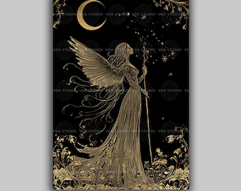 Nyx Goddess of the Night Moon and Stars Art Print Greek Mythology Celestial Deity Black Gold Fantasy Illustration Mystical Wall Decor u61