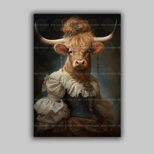 Retrato victoriano de una dama de las Highlands con una vaca real, lámina artística con pintura de una vaca real de las Highlands, póster de animales caprichosos, h82