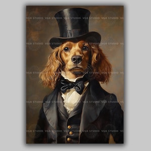 Impressão artística de cachorro vitoriano, retrato engraçado de animal com cartola, decoração de parede elegante para cavalheiro, pintura de cocker spaniel em traje, arte humorística ac45