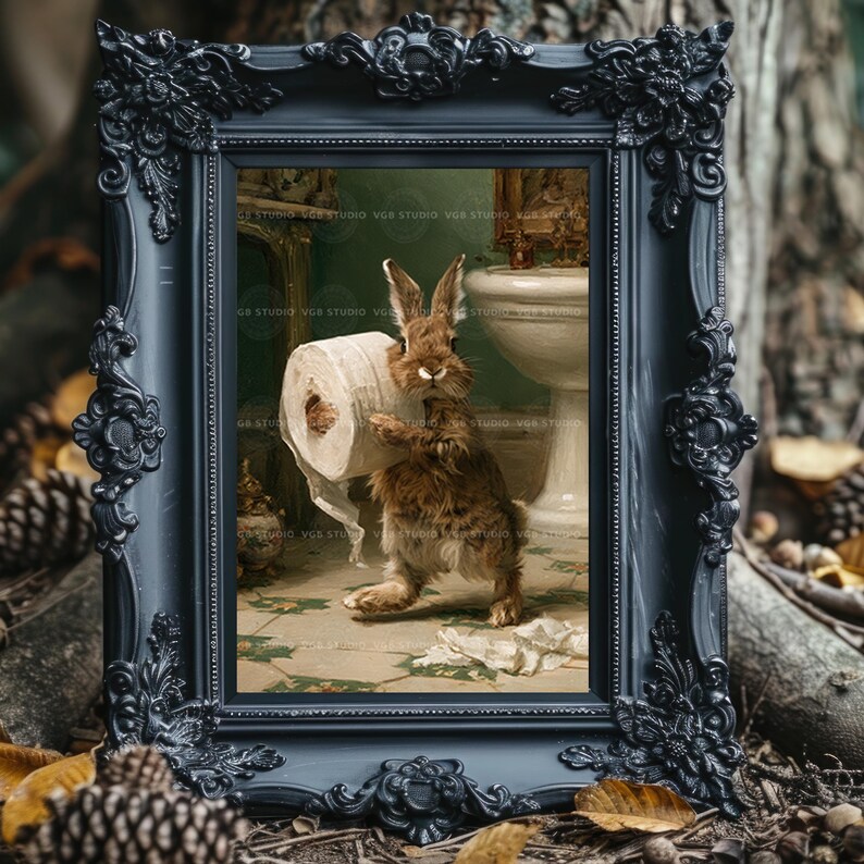 May include: A brown rabbit stands in a bathroom holding a roll of white toilet paper. The scene is enclosed in a dark, ornate, rectangular frame with intricate floral carvings. The background shows a white pedestal sink and a green tiled floor.