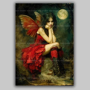 Gothic Fairy Wall Art Red Winged Moonlit Fairy Print Dark Fantasy Girl in Boots Witchy Fairycore Decor Grunge Faerie Portrait Painting AF69