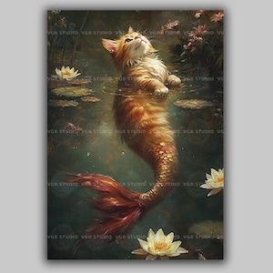 ジンジャーキャットマーメイドアートプリント、睡蓮の池にいる魚の尾を持つオレンジ色の子猫、気まぐれなファンタジー猫の壁飾り、かわいいペット好きへのギフト AC64