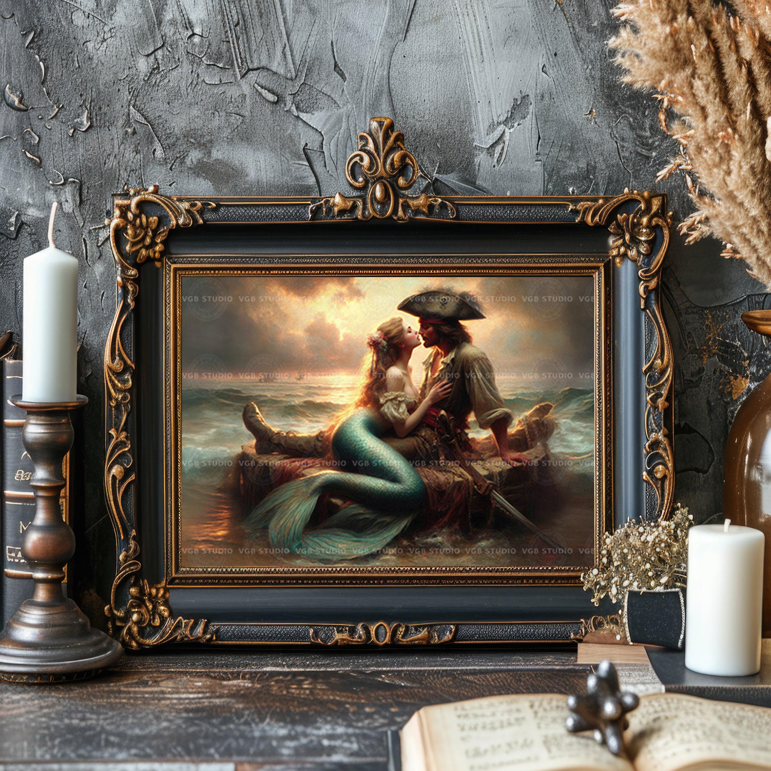 Pirate Mermaid Art Print Romantic Fantasy Ocean Kiss Nautical Decor ...