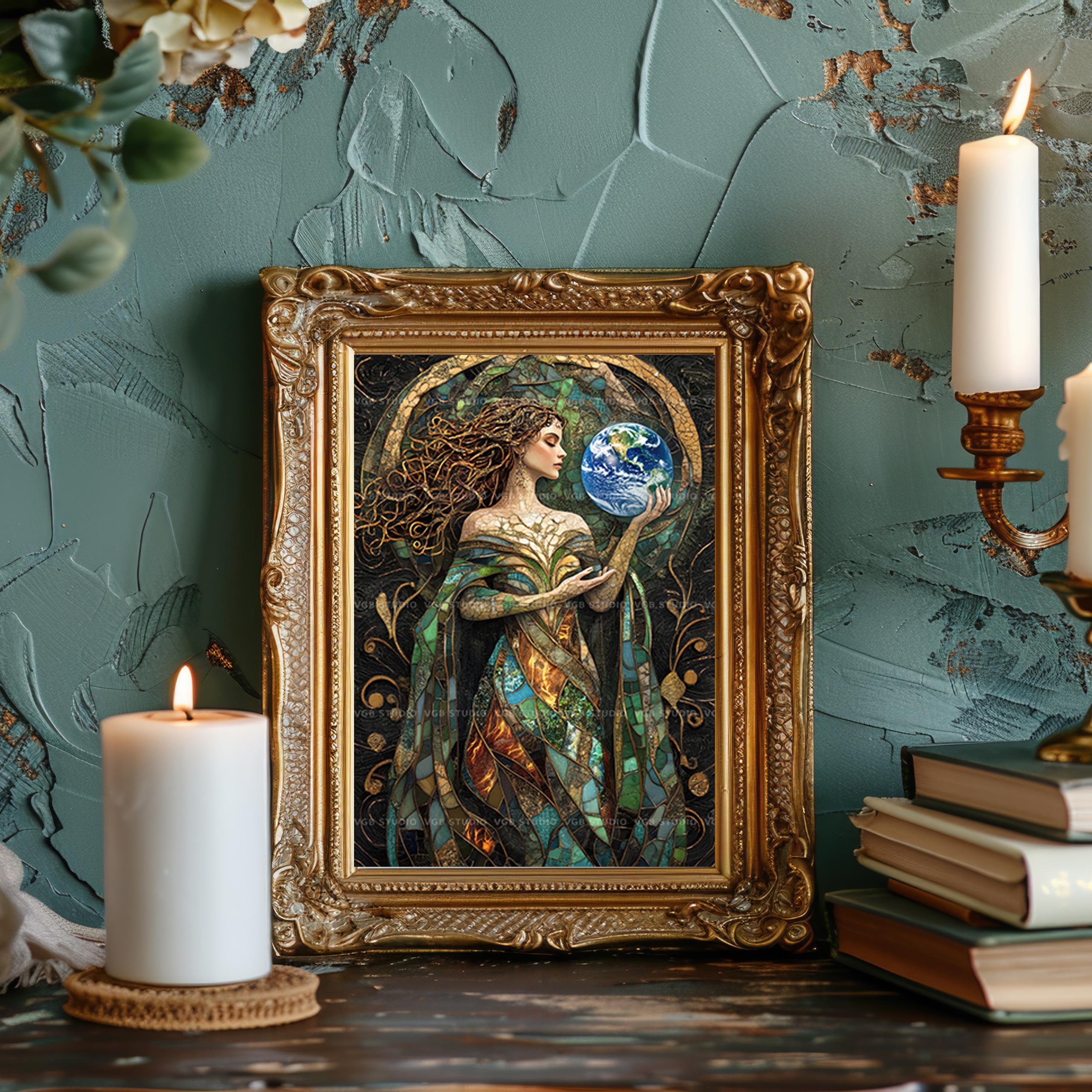 Gaia Stained Glass Mosaic Art Print, Greek Earth Goddess Mother Nature ...