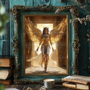 Isis Goddess Wall Art Print, Ancient Egyptian Mythology Decor, Divine Feminine Portrait, Golden Wings, Sacred Pyramid Temple Scene AB60 image 4