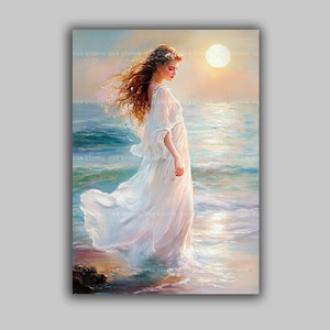 phrodite griechischen Göttin Druck Romantische Meer Kunst Sonnenaufgang Frau Malerei Mythologie Home Geschenk Weiblich Schönheit Ozean Fantasy Poster s26