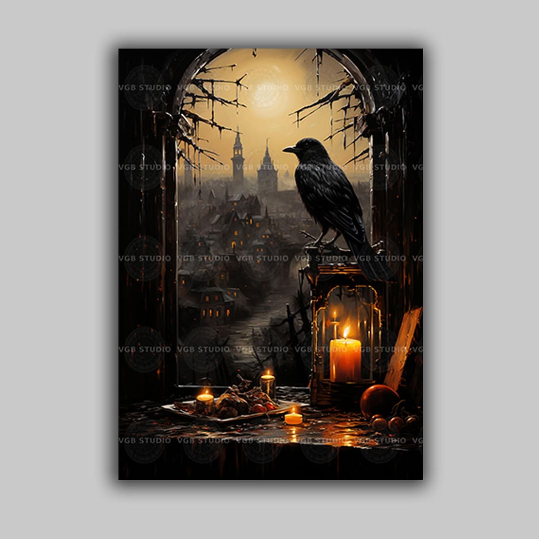 Gothic Raven Art Print Candlelit Window Haunted City Dark Academia