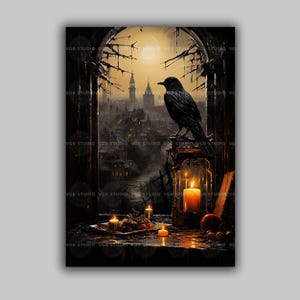 Gothic Raven Art Print Candlelit Window Haunted City Dark Academia Crow Scene Food Still Life Mysterious Victorian Night Decor J69