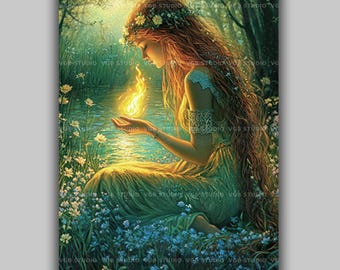 Brigid Brighid Celtic Goddess Wall Art Print, Fire Healing Poetry, Irish Mythology, Sacred Flame, Spring Forest, Pagan Spiritual Decor x91
