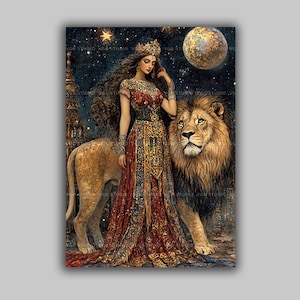 Ishtar Goddess Lion Art Print, Mesopotamian Queen of Heaven, Regal Goddess Wall Art, Divine Feminine Power Decor Mythological Fantasy w06