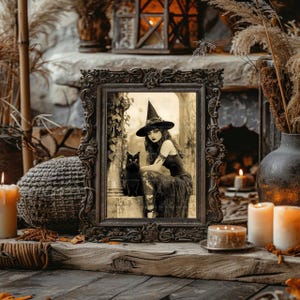 Lámina artística de bruja, retrato de gato negro, arte mural gótico vintage, decoración de bruja estilo academia oscura u26 imagen 7