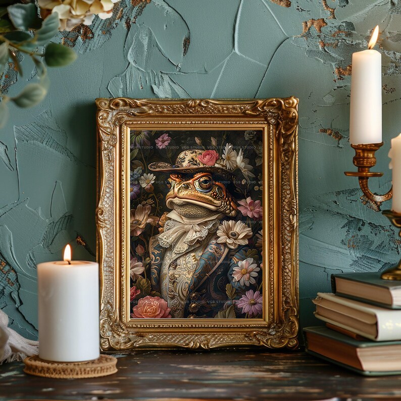 Frog Gentleman Wall Art Print, Victorian Toad In Top Hat, Floral Whimsical Animal Portrait, Dapper Cottagecore Decor, Dark Academia Gift P62 image 5