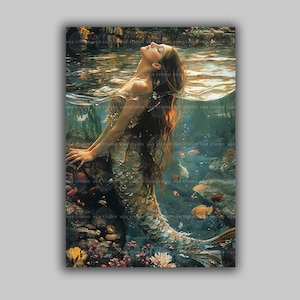 Beautiful Mermaid Whimsical Moment, Siren Whimsical Baroque Art Poster Print, Light Academia,  Fairy Tale Mystical Poster, Nautical Art M44