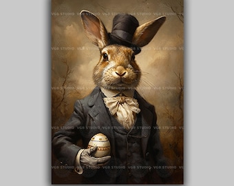 Victorian Rabbit Wall Art Print, Easter Bunny Gentleman Portrait, Top Hat Animal Decor, Whimsical Spring Cottagecore Dark Academia Gift k95