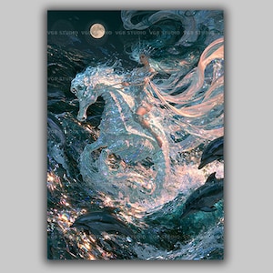 May include: A digital art print featuring a translucent, crystalline figure riding a shimmering, water-formed horse amidst turbulent, dark blue ocean waves. Two dark dolphins leap through the water under a full moon, with VGB STUDIO text overlay.