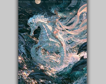 Amphitrite Art Print, Greek Sea Goddess Riding a Seahorse with Dolphins Under a Full Moon, Iridescent Teal Ocean Coastal Decor AN41