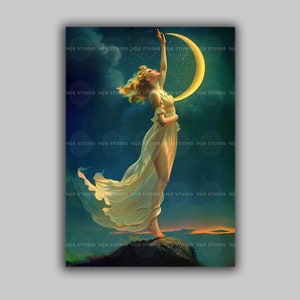 Moon Goddess Wall Art Crescent Night Fantasy Print Dreamy Woman Illustration Mystical Sky Decor Ethereal Celestial Home Gift Art Nouveau P47