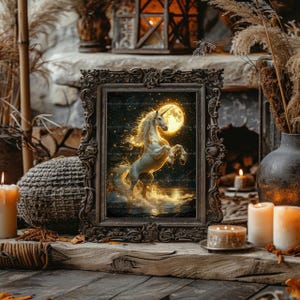 May include: A framed artwork featuring a white unicorn rearing up in front of a full moon. The artwork is set in a dark, starry sky with golden accents. The frame is ornate and dark brown, resting on a wooden surface with candles and decorative elements.