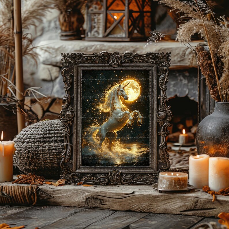 May include: A framed artwork featuring a white unicorn rearing up in front of a full moon. The artwork is set in a dark, starry sky with golden accents. The frame is ornate and dark brown, resting on a wooden surface with candles and decorative elements.