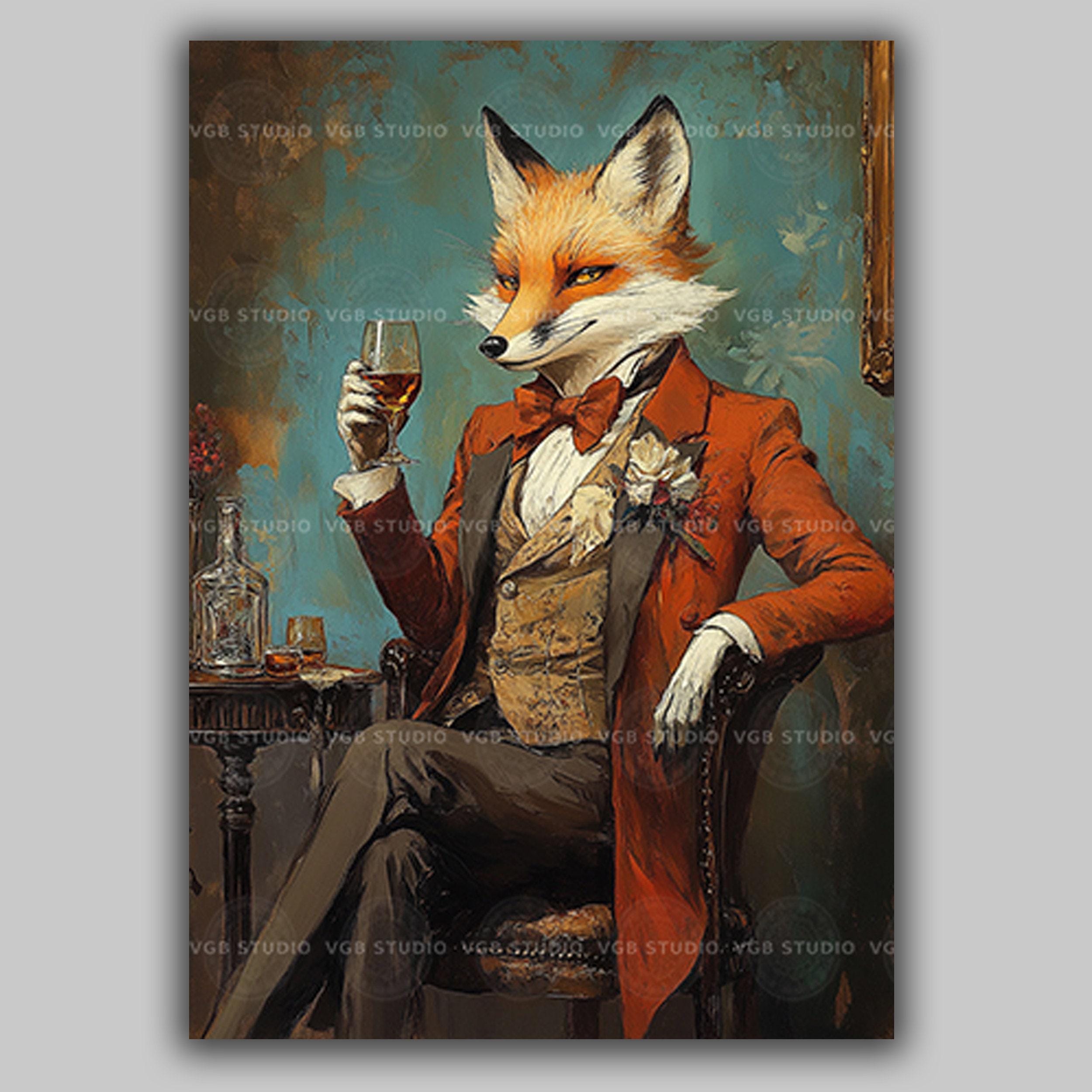 Fox Portrait With Wine Glass Art Print | Victorian Gentleman