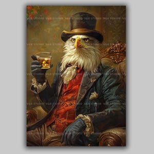 Victorian Bald Eagle Art Print, Top Hat Bird Portrait Whiskey Gentleman Patriotic Dapper Animal Gift Dark Academia Home Bar Office Decor s16