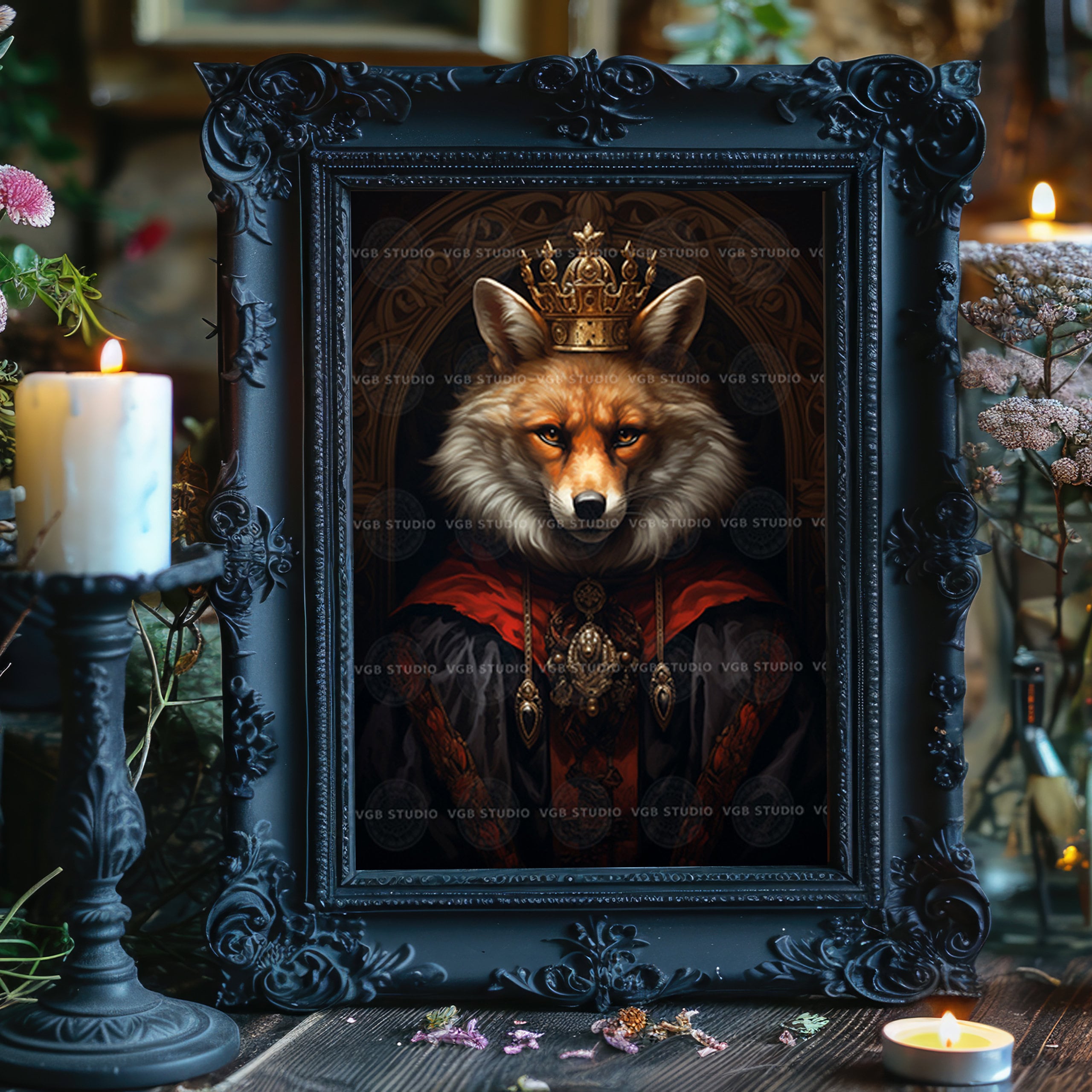 Red Fox King Gothic Medieval Portrait Painting Dark Academia Baroque ...
