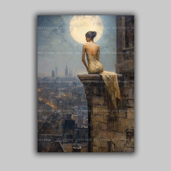 Woman Contemplating Full Moon Art Print | Celestial Witchy Wall Art | Art Nouveau Night Goddess Atmospheric Fantasy Decor | H91