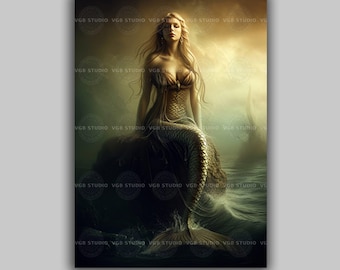 Mermaid Sea Goddess Fantasy Wall Art Print Siren Illustration Ocean Mythology Enchanted Coastal Decor Mystical Marine Artwork L40