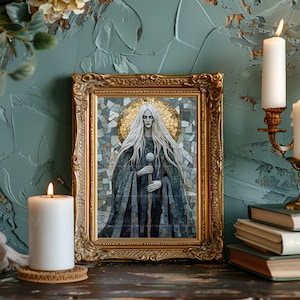 May include: A framed artwork with a gold ornate frame. The artwork depicts a figure with long white hair, wearing a dark cloak, and holding a staff with a sphere. The background is a mosaic pattern with a golden halo. A lit white candle is in the foreground.