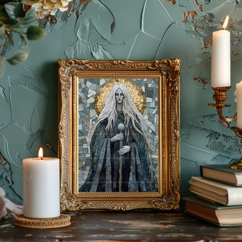 May include: A framed artwork with a gold ornate frame. The artwork depicts a figure with long white hair, wearing a dark cloak, and holding a staff with a sphere. The background is a mosaic pattern with a golden halo. A lit white candle is in the foreground.