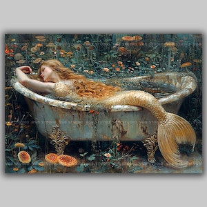 May include: A mermaid with long, flowing red hair lies asleep in a vintage bathtub surrounded by lush greenery and mushrooms.