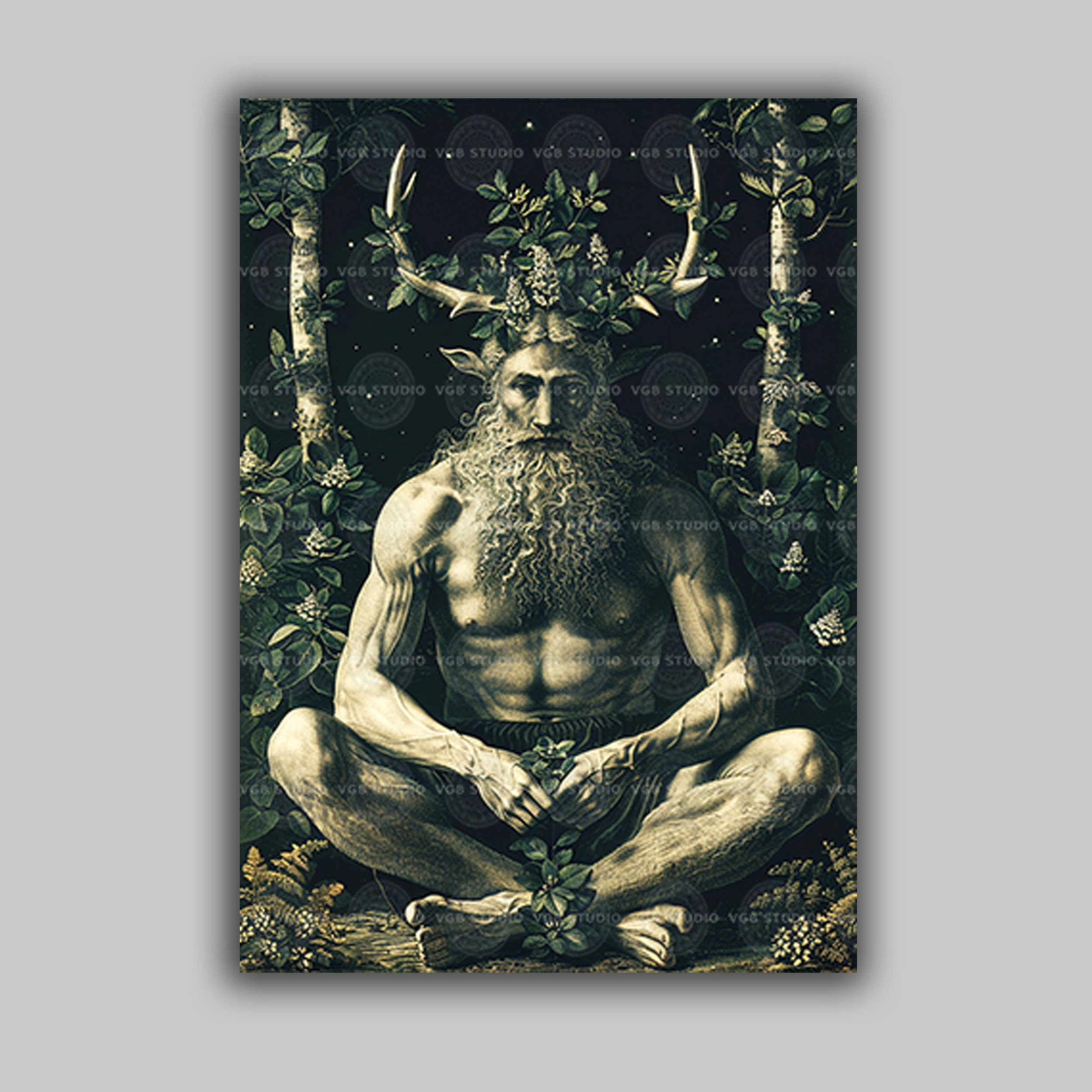 Cernunnos God of the Forest Art Print Pagan Horned Deity Green Man Wall Decor Celtic Mythology Nature Spirit Illustration Druid Gift M32