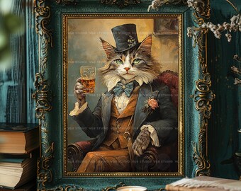 Victorian Cat Art Print Whimsical Animal Portrait Dapper Cat With