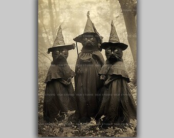 Three Black Cat Witches Wall Art Print, Vintage Halloween Decor, Gothic Cat Portrait, Witchy Forest Familiar, Dark Academia Cottagecore G22