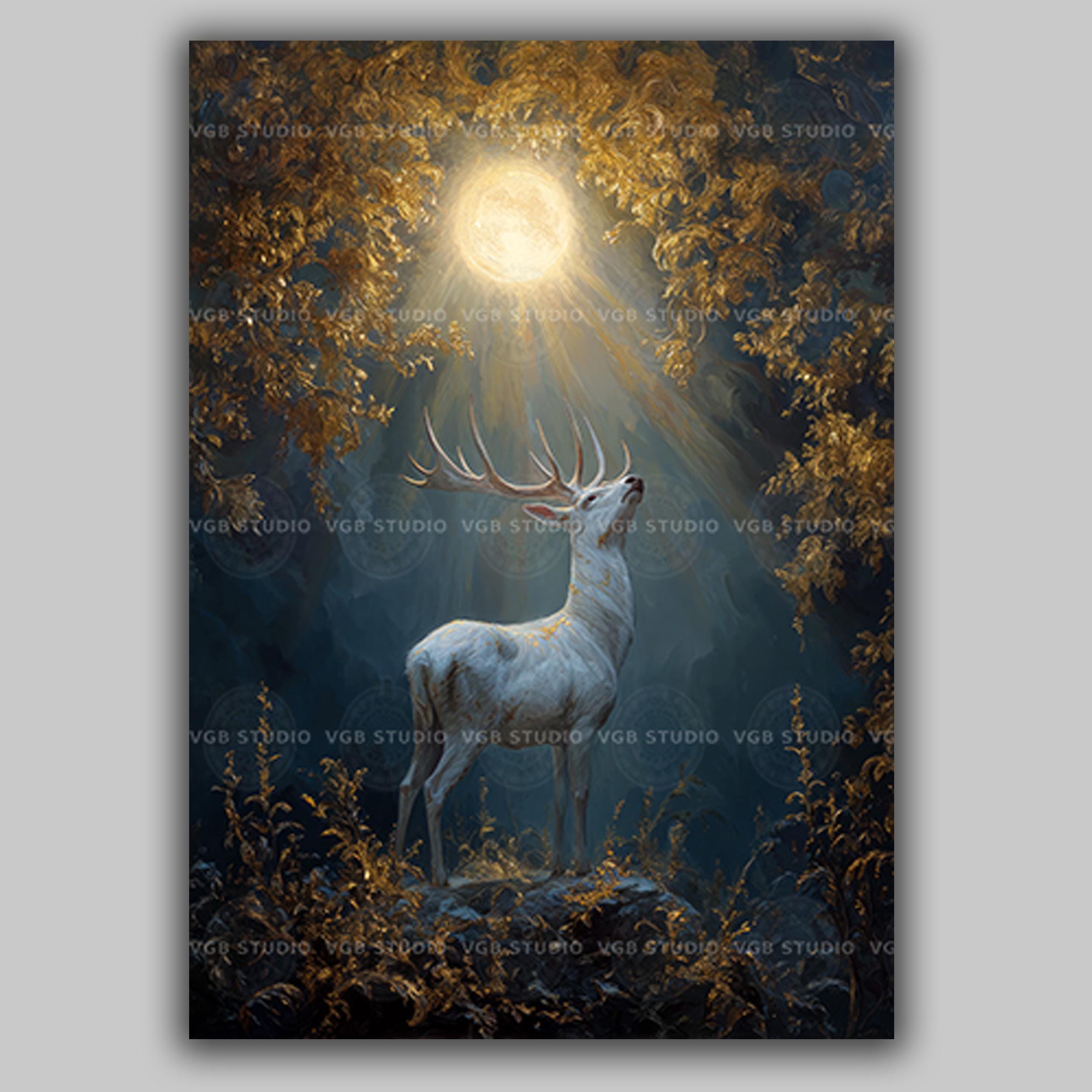 White Stag Art Print, Full Moon Mystical Forest, Celtic Fantasy