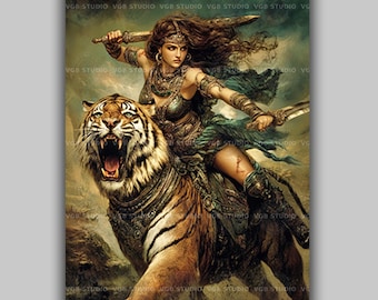 Durga Warrior Goddess Riding Tiger with Twin Swords Divine Strength Courage Victory Hindu Mythology Battle Portrait Wall Art Print AC11