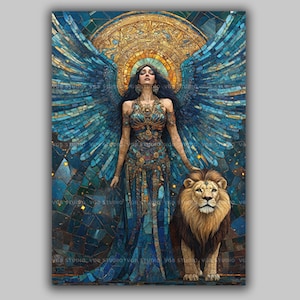 Ishtar Inanna Astarte Goddess of Love War and Fertility with Wings and Lion Mosaic Style Fantasy Mythology Wall Art Print AJ69