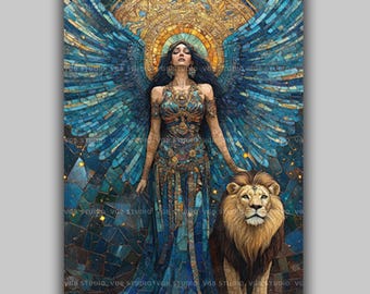 Ishtar Inanna Astarte Goddess of Love War and Fertility with Wings and Lion Mosaic Style Fantasy Mythology Wall Art Print AJ69