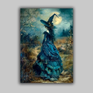 Gothic Witch Art Print Moonlit Forest Fantasy Illustration Dark Cottagecore Decor Pagan Witchcore Wall Art Autumn Magic Aesthetic Gift Q63