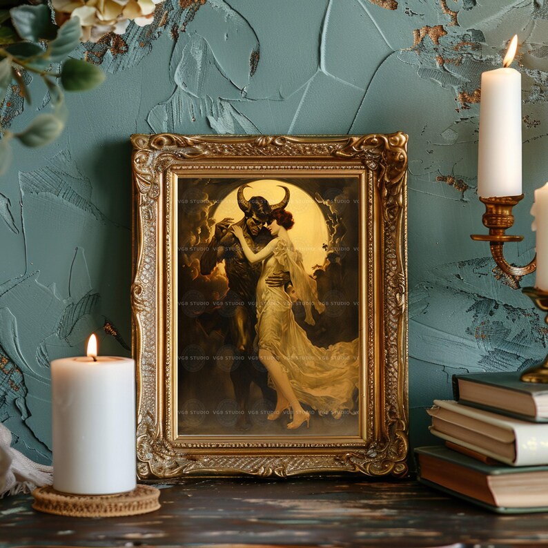 Impresión artística de fantasía oscura de demonio y mujer, romance gótico, mitología surrealista, obra de arte, luna encantada, baile nocturno, amantes del ocultismo, decoración de pared D25A imagen 2