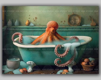 Octopus in Bathtub Art Print Whimsical Bathroom Decor Nautical Fantasy Animal Art Playful Sea Creature Vintage Aqua Tub Illustration A40
