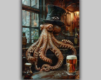 タコの絵、ビールを飲む赤いタコ、動物とビール、タコのアート