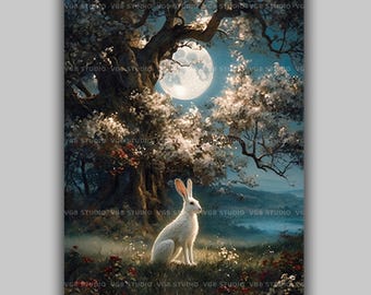 Moongazing White Hare Art Print, Full Moon Over Blossom Tree, Celtic Woodland Pagan Wall Decor, Mystical Rabbit Nature Illustration AN21