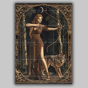 Artemis Goddess Art Print Greek Moon Huntress Mythical Woman with Bow and Wolf Pagan Divine Feminine Forest Magic Ancient Deity Artwork M03